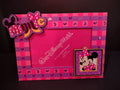 Back of Walt Disney World Minnie Mouse pink purple 4x6 photo frame showing Disney copyright and Made in China label with Minnie accent tile
