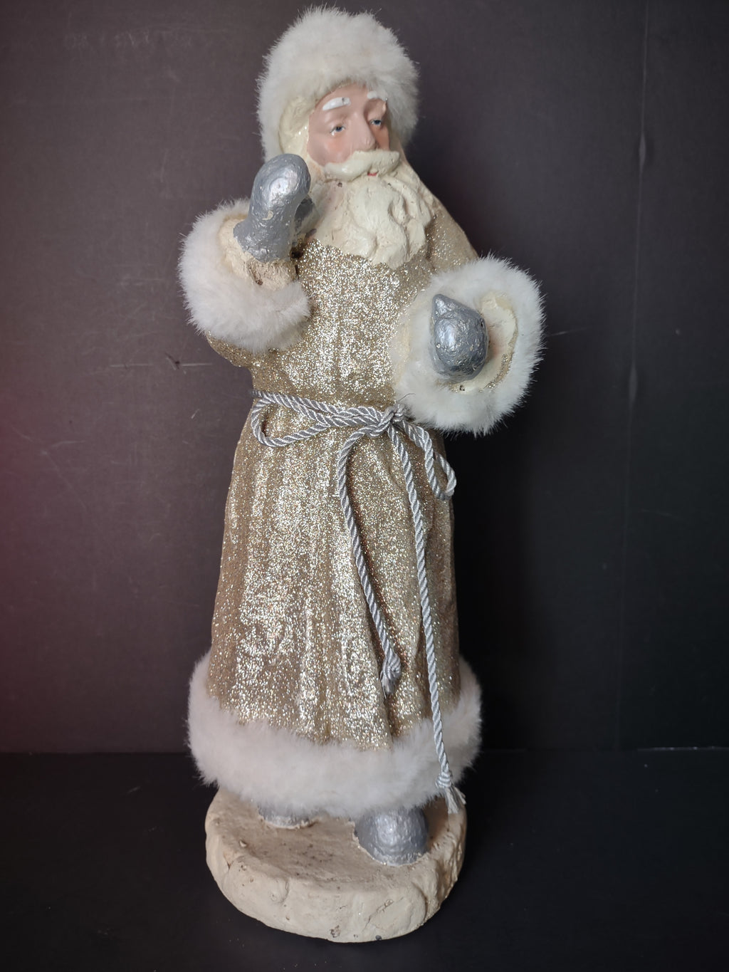 Vintage Gold Glitter Santa Claus Figurine White Fur Silver Ornaments 18" [8022n]