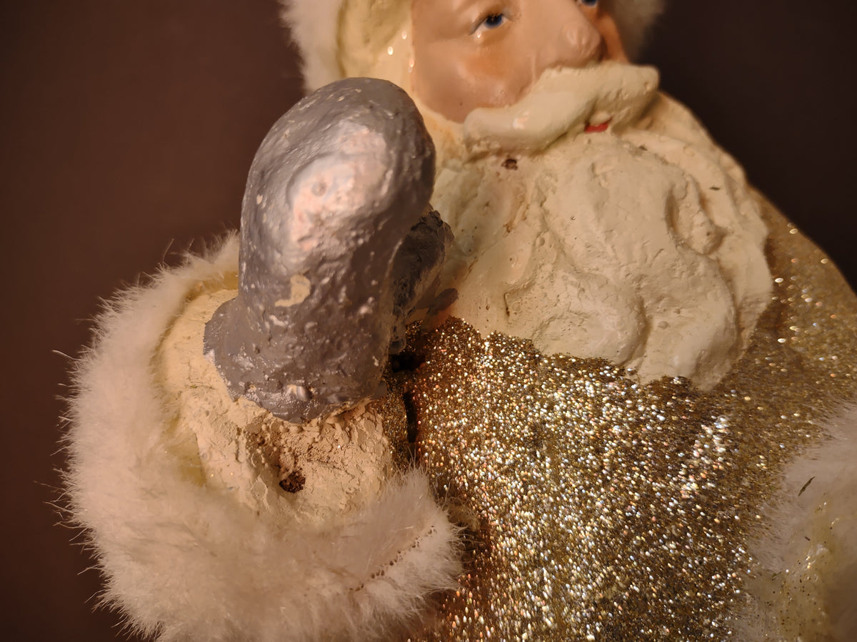 Vintage Gold Glitter Santa Claus Figurine White Fur Silver Ornaments 18" [8022n]