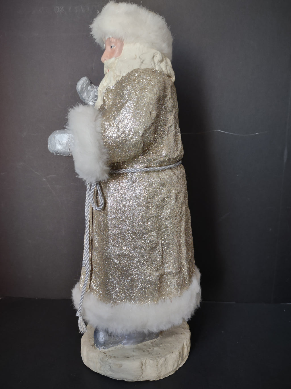 Vintage Gold Glitter Santa Claus Figurine White Fur Silver Ornaments 18" [8022n]