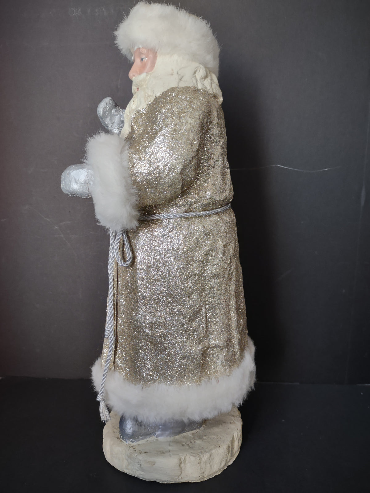 Vintage Gold Glitter Santa Claus Figurine White Fur Silver Ornaments 18" [8022n]