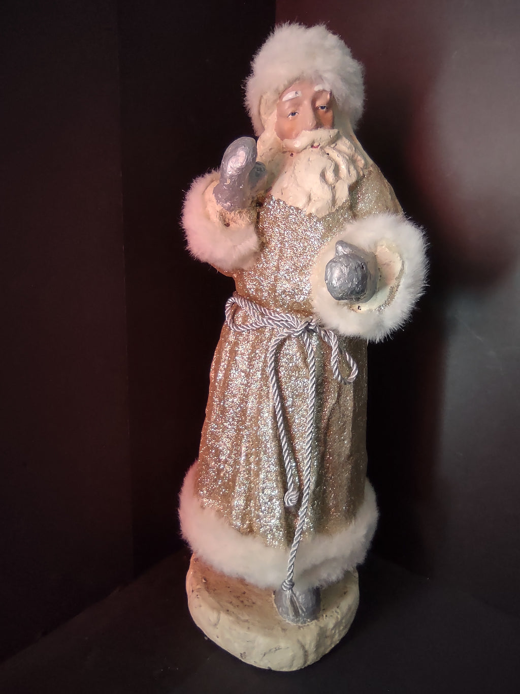 Vintage Gold Glitter Santa Claus Figurine White Fur Silver Ornaments 18" [8022n]