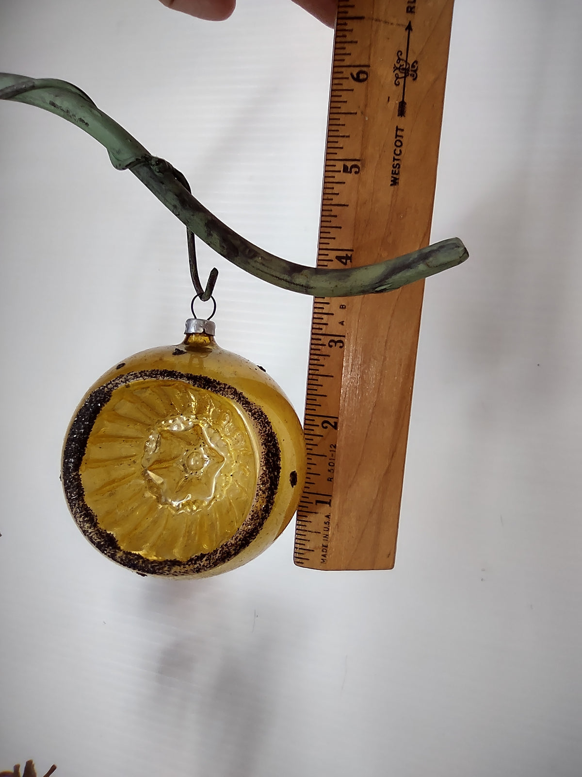 Vintage West German Mica Gold Glass Indent Ball Christmas Ornament [8026n]