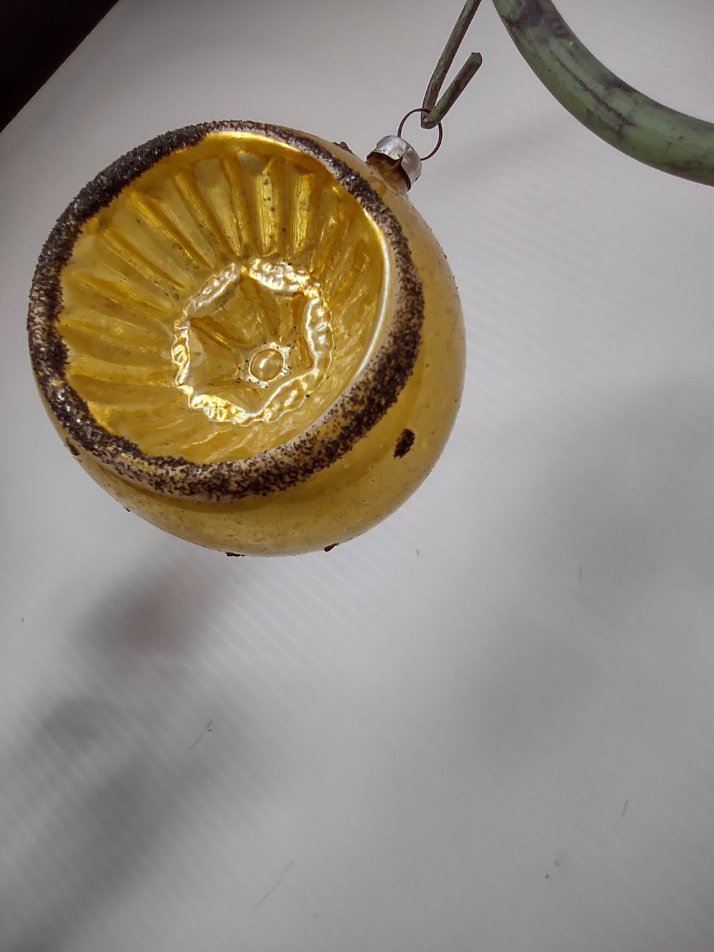 Vintage West German Mica Gold Glass Indent Ball Christmas Ornament [8026n]