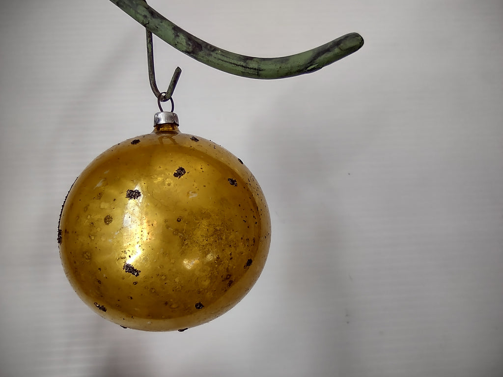 Vintage West German Mica Gold Glass Indent Ball Christmas Ornament [8026n]