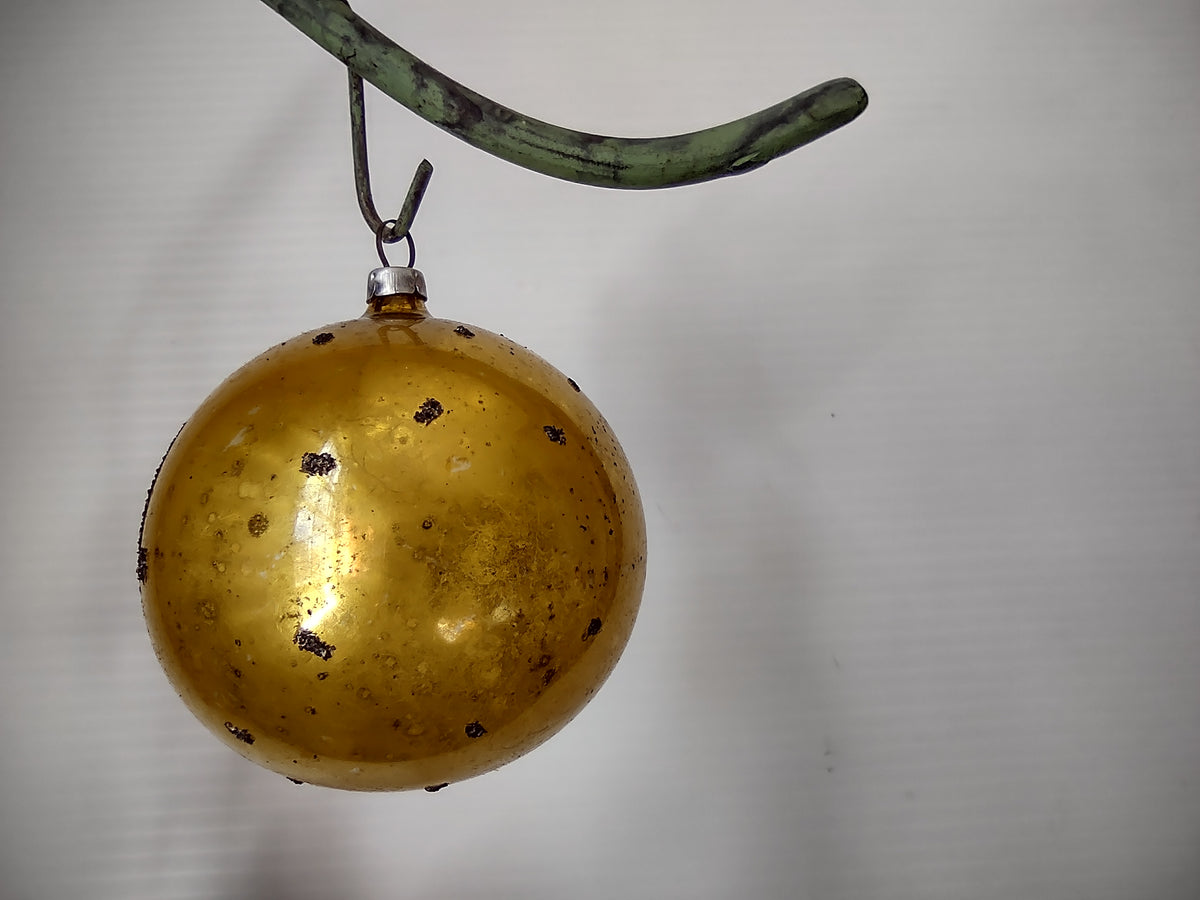 Vintage West German Mica Gold Glass Indent Ball Christmas Ornament [8026n]