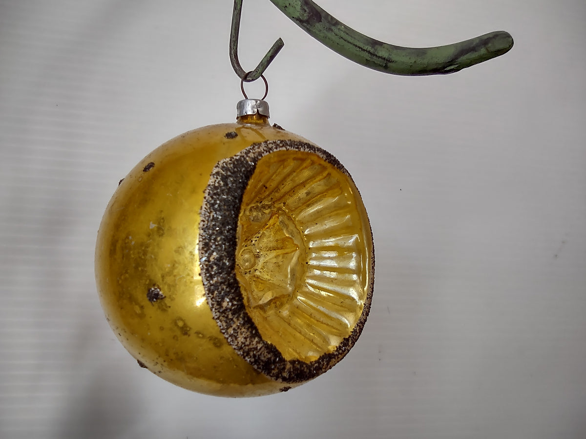 Vintage West German Mica Gold Glass Indent Ball Christmas Ornament [8026n]