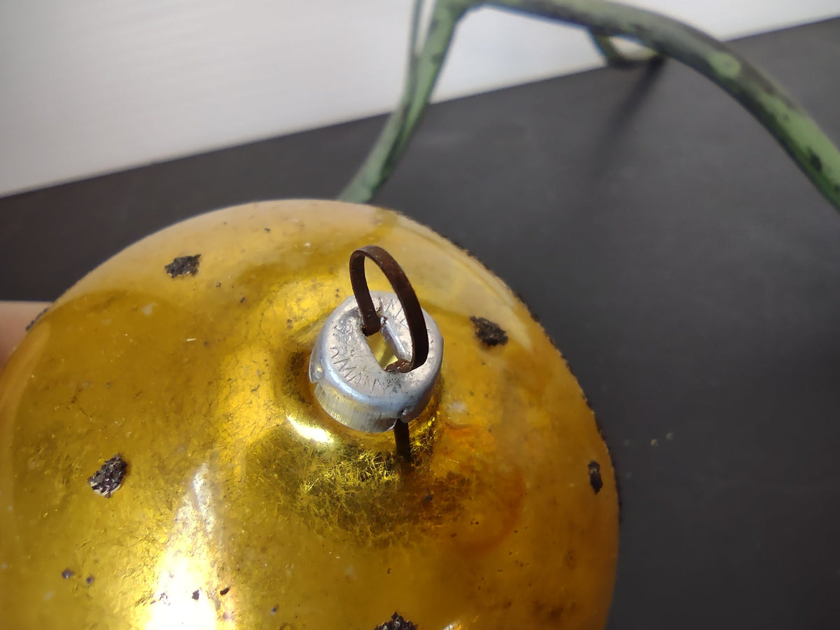 Vintage West German gold mica indent glass ball ornament cap detail
