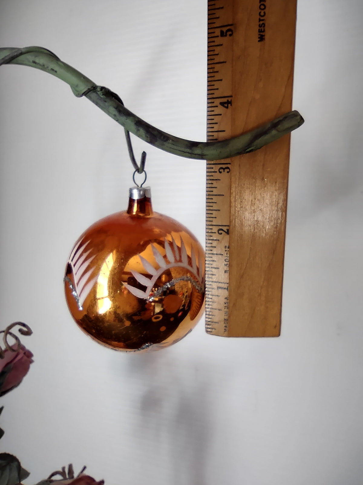 Vintage West German Copper Amber Glass Ball Ornament Stencil Leaf [8027n]