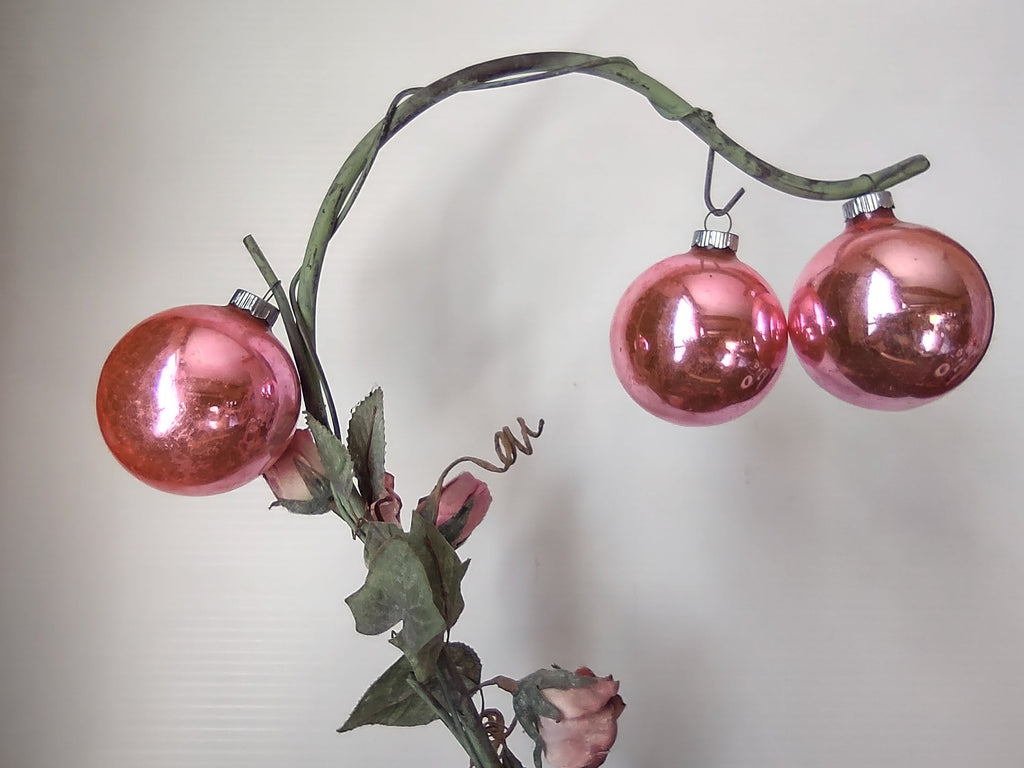 Vintage Shiny Brite pink glass ball ornaments set of 3 on display