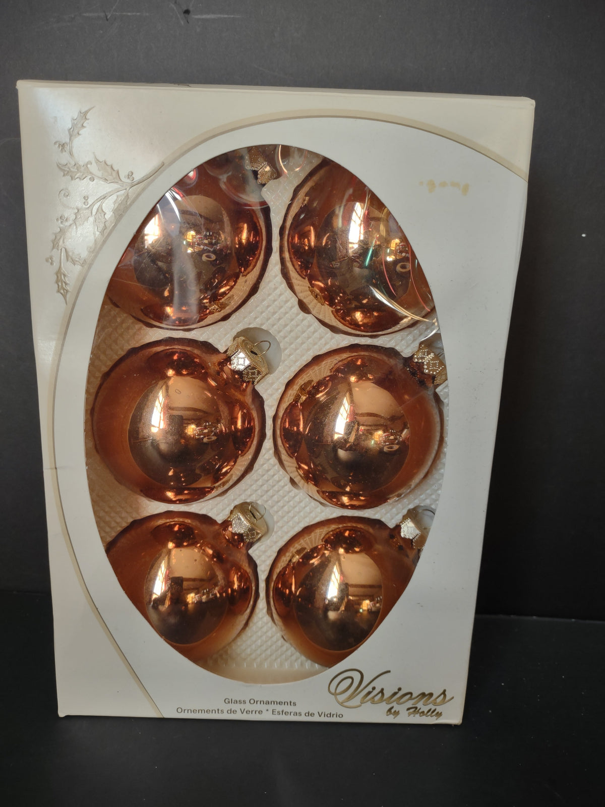 Vintage Visions by Holly copper rose gold glass ball ornaments set of 6 in original box
