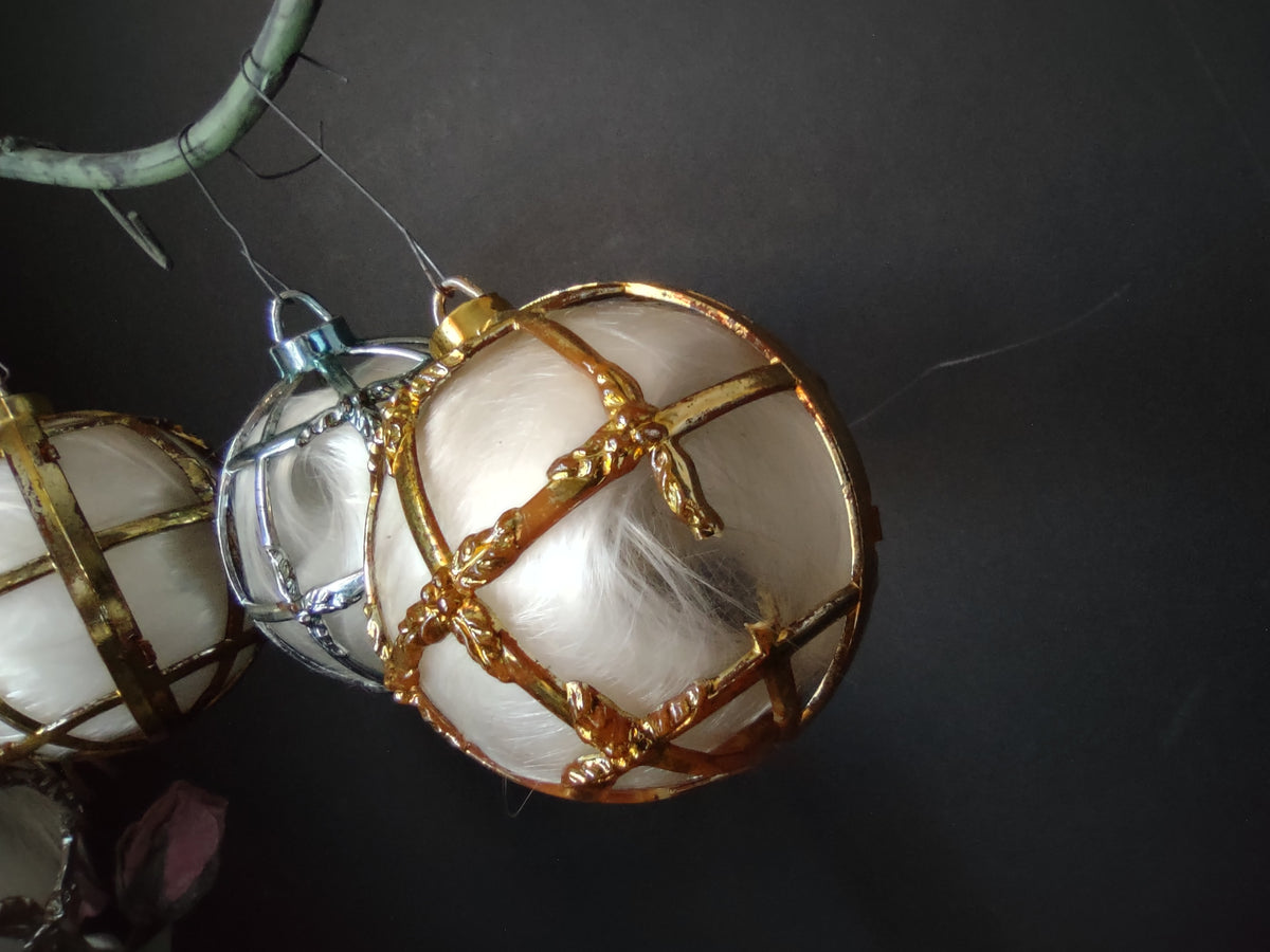 Vintage Bradford Spun Glass Angel Hair Plastic Cage Christmas Ornament x 6 IMPERFECT [8035n]