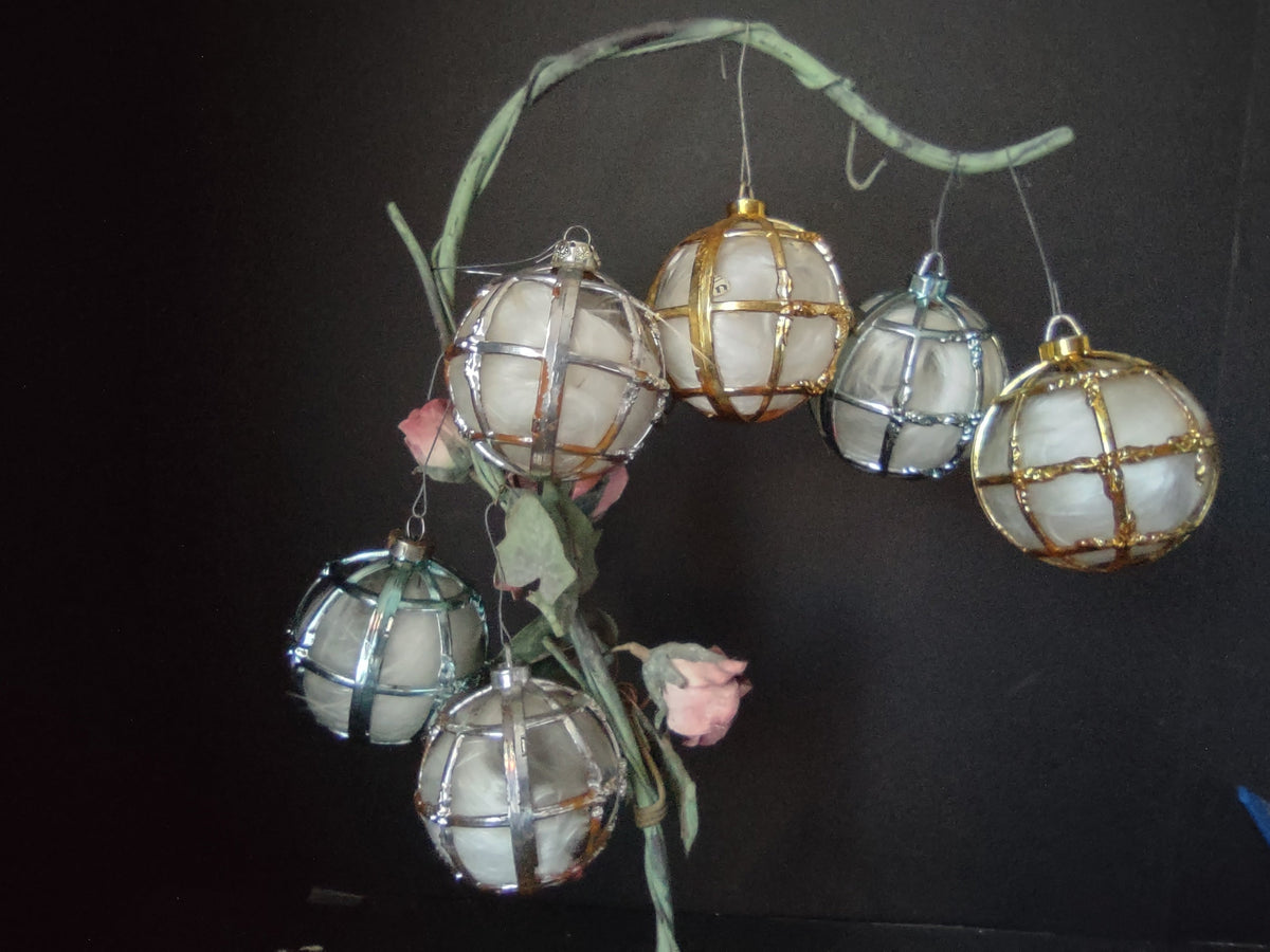 Set of 6 Bradford glassspun angel hair plastic cage Christmas ornaments in gold and silver, hanging on branch display