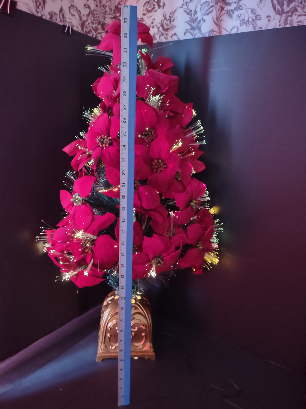 Vintage Fiber Optic Poinsettia Christmas Tree Gold Base [8041n]