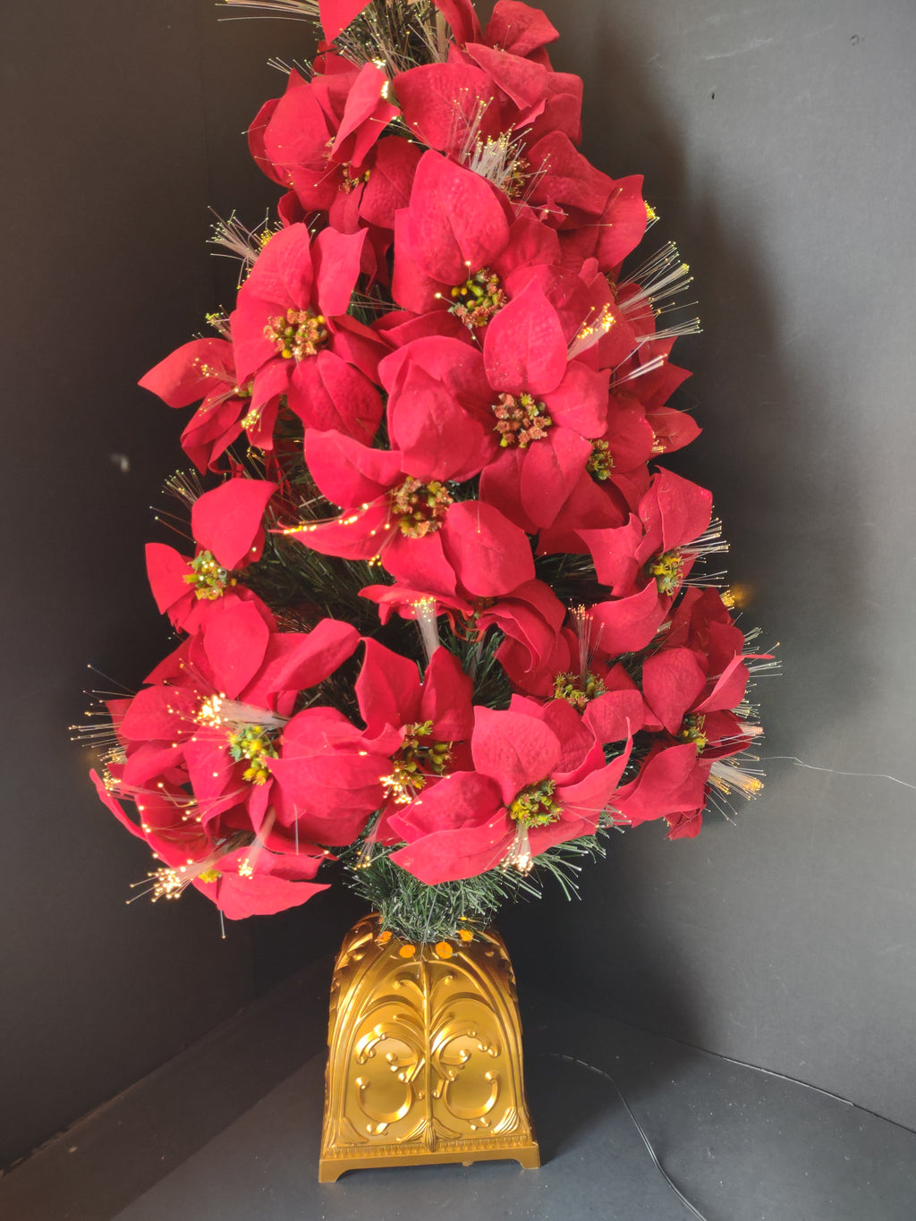 Vintage Fiber Optic Poinsettia Christmas Tree Gold Base [8041n]