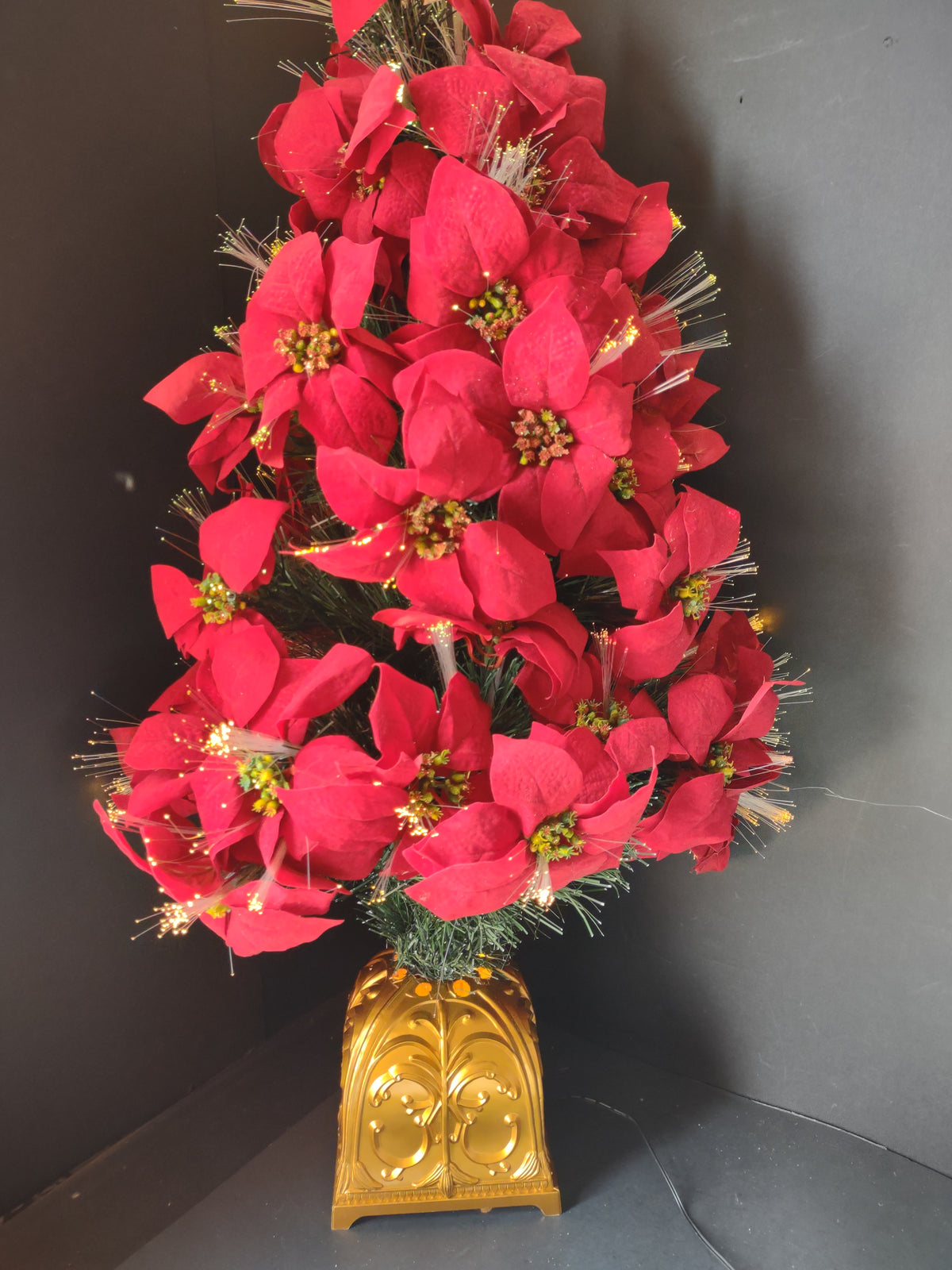 Vintage Fiber Optic Poinsettia Christmas Tree Gold Base [8041n]