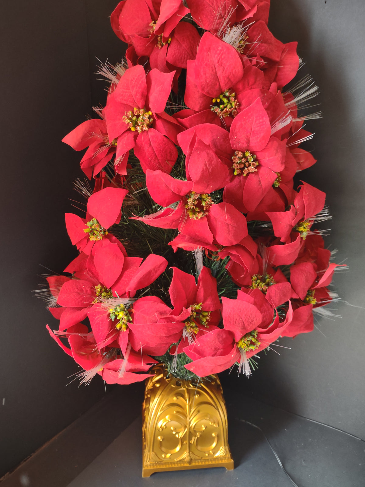 Vintage Fiber Optic Poinsettia Christmas Tree Gold Base [8041n]