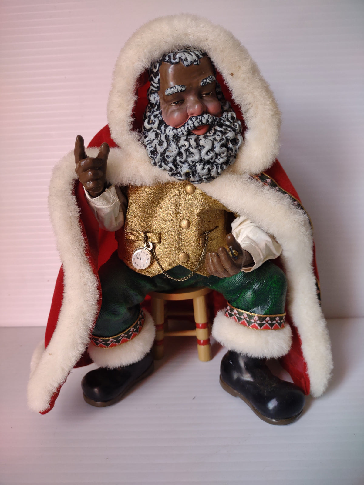 Vintage Black Santa Claus Figurine Gold Vest Scroll List Red Cape MISSING List [8045n]