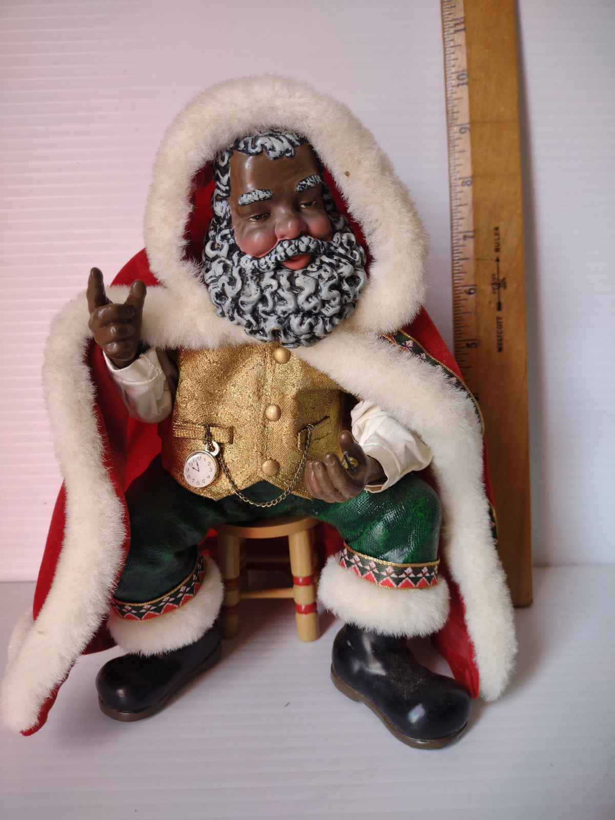 Vintage Black Santa Claus Figurine Gold Vest Scroll List Red Cape MISSING List [8045n]
