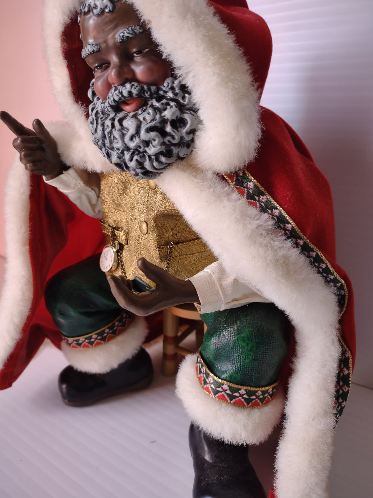 Vintage Black Santa Claus Figurine Gold Vest Scroll List Red Cape MISSING List [8045n]