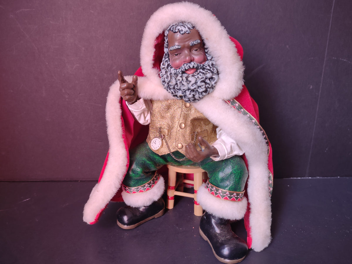 Vintage Black Santa Claus Figurine Gold Vest Scroll List Red Cape MISSING List [8045n]