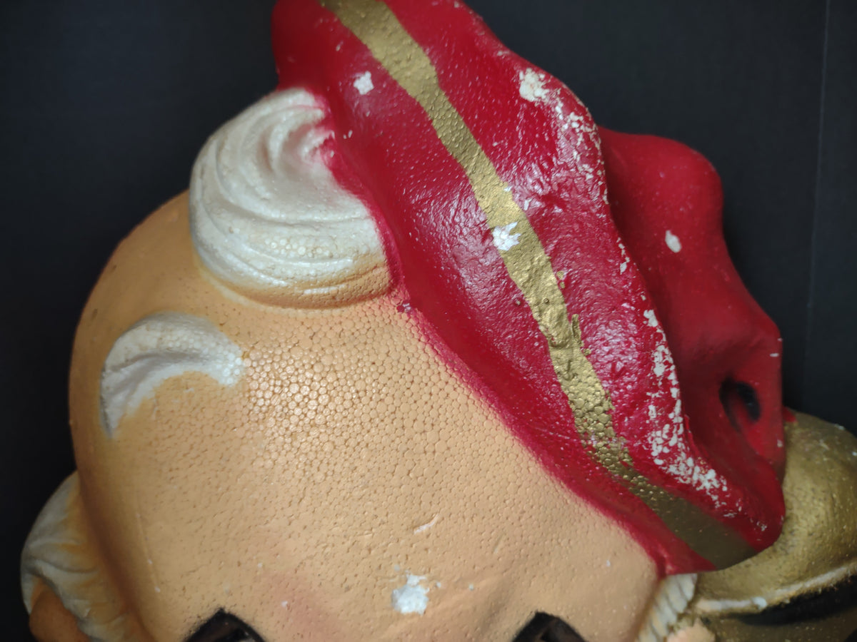 Vintage Styrofoam Santa Face Wall Hanging Red Gold Hat Jingle Bell 18" [8050n]