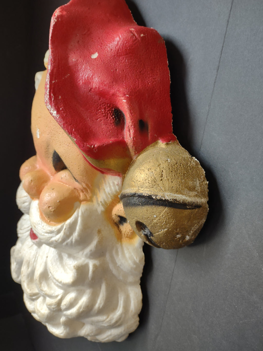 Vintage Styrofoam Santa Face Wall Hanging Red Gold Hat Jingle Bell 18" [8050n]