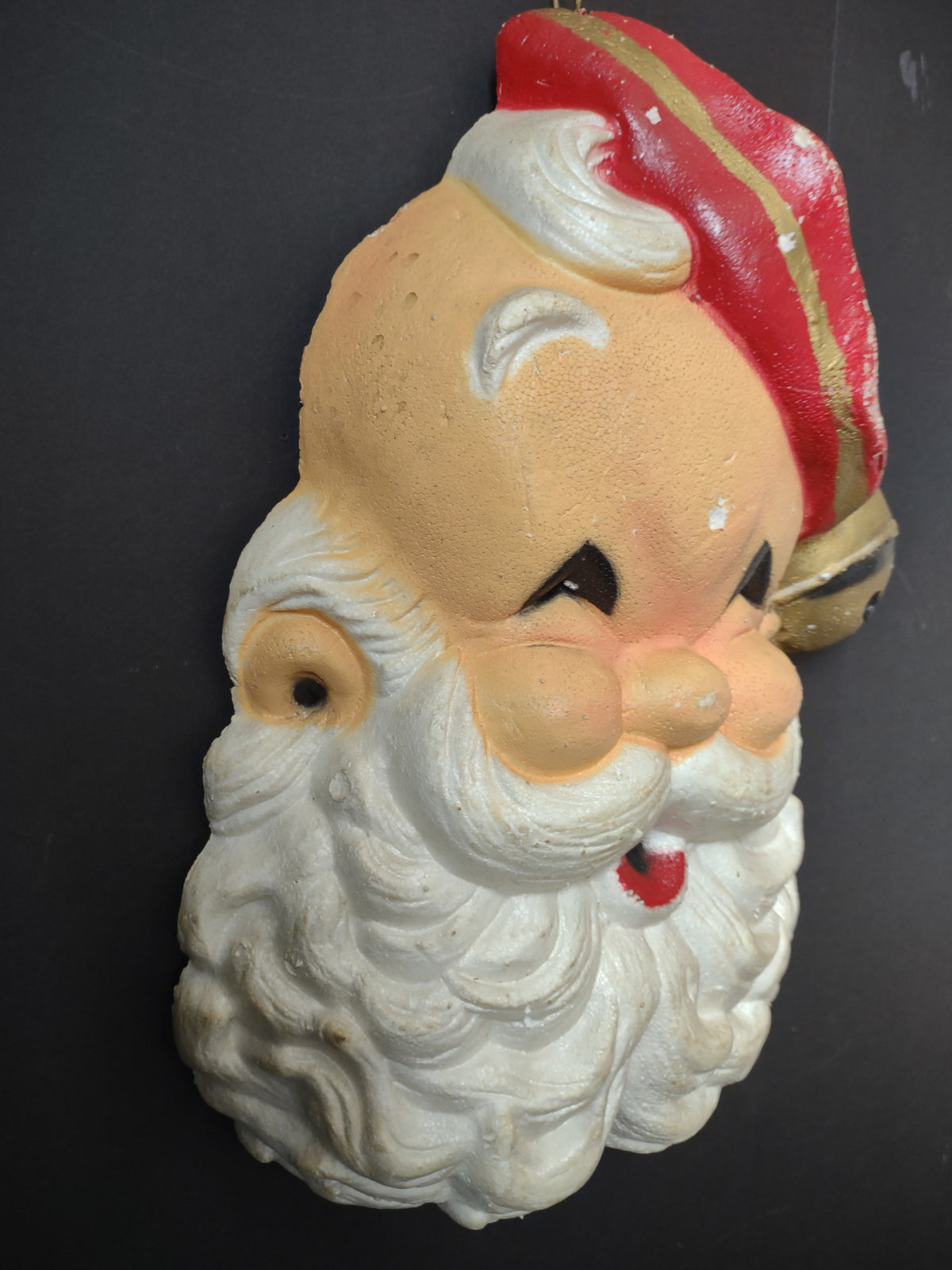 Vintage Styrofoam Santa Face Wall Hanging Red Gold Hat Jingle Bell 18" [8050n]