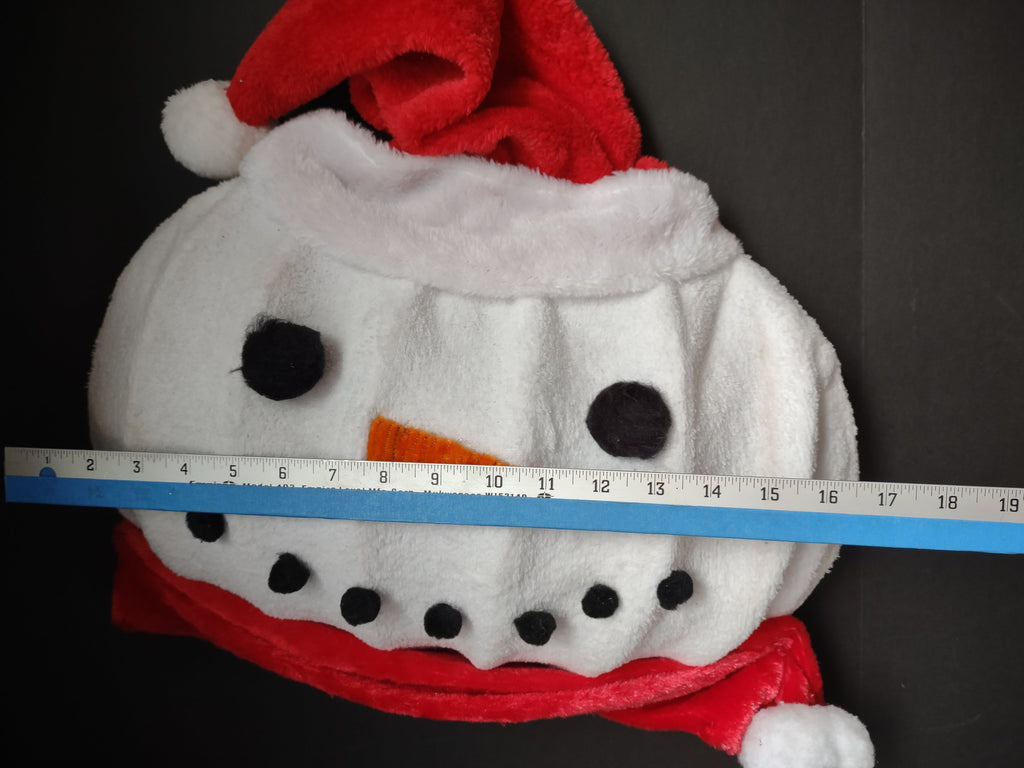 Vintage plush snowman face wall hanging with ruler showing approx 17 inches wide