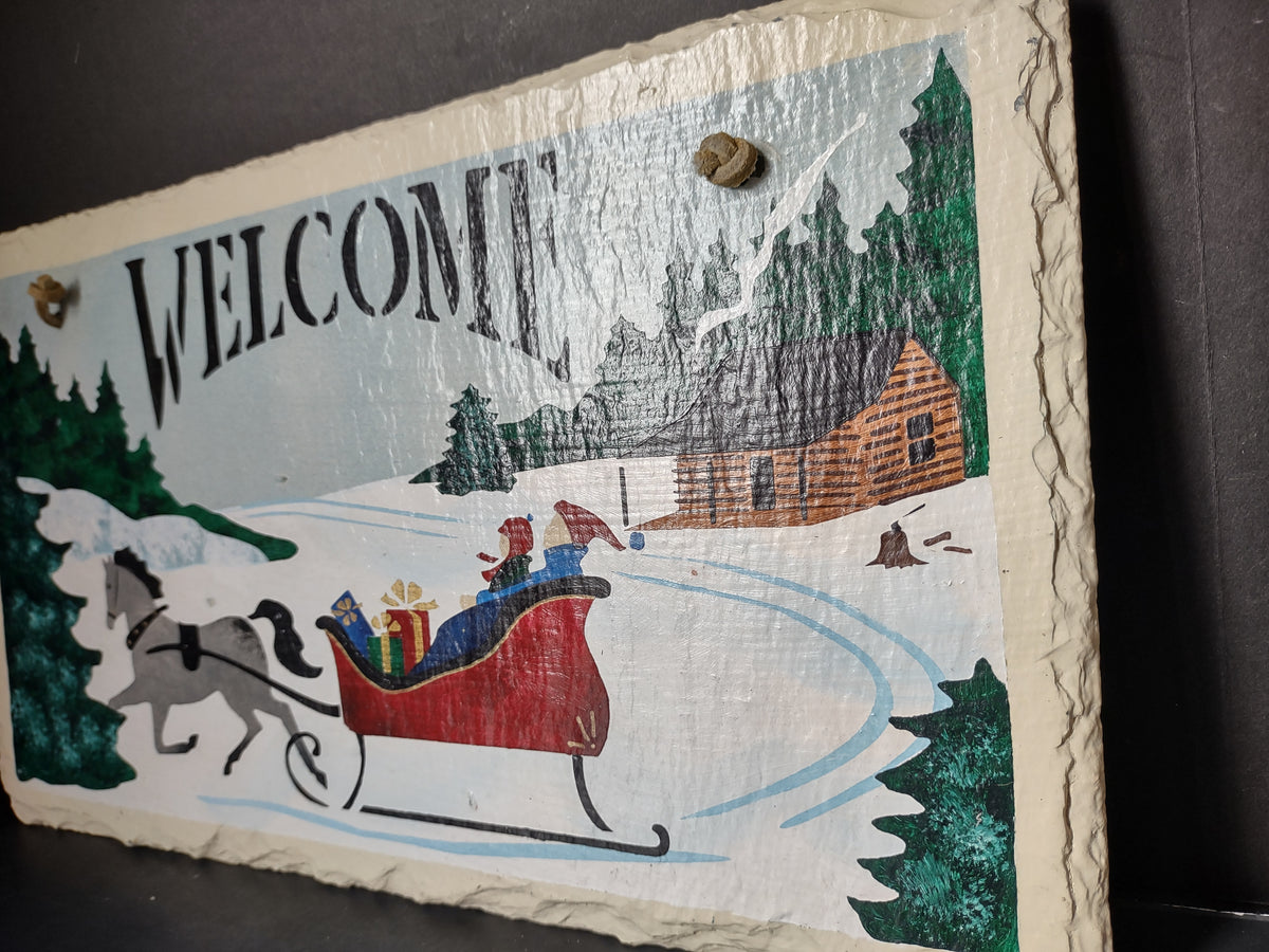 Vintage Painted Slate Welcome Sign Horse Sleigh Winter Scene [4888]