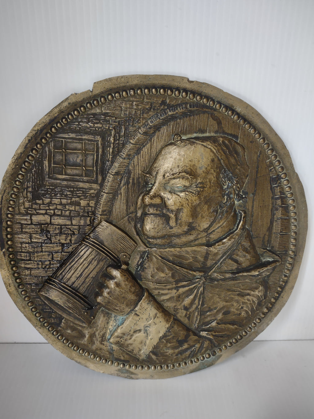 Vintage Bronze Tone Monk Friar Tankard Round Relief Wall Plaque [7435]