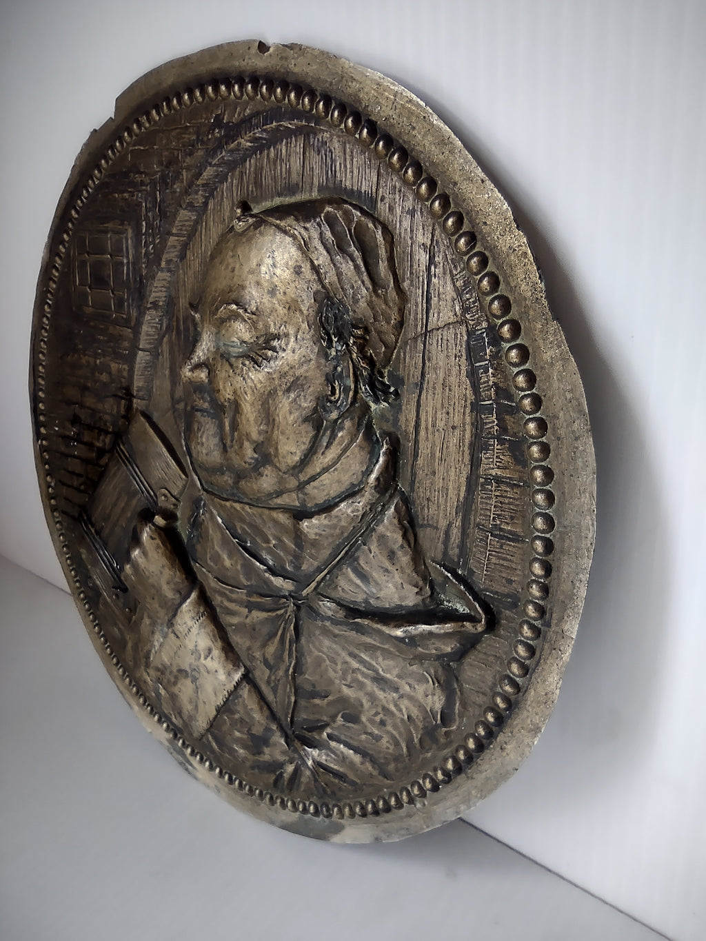 Vintage Bronze Tone Monk Friar Tankard Round Relief Wall Plaque [7435]