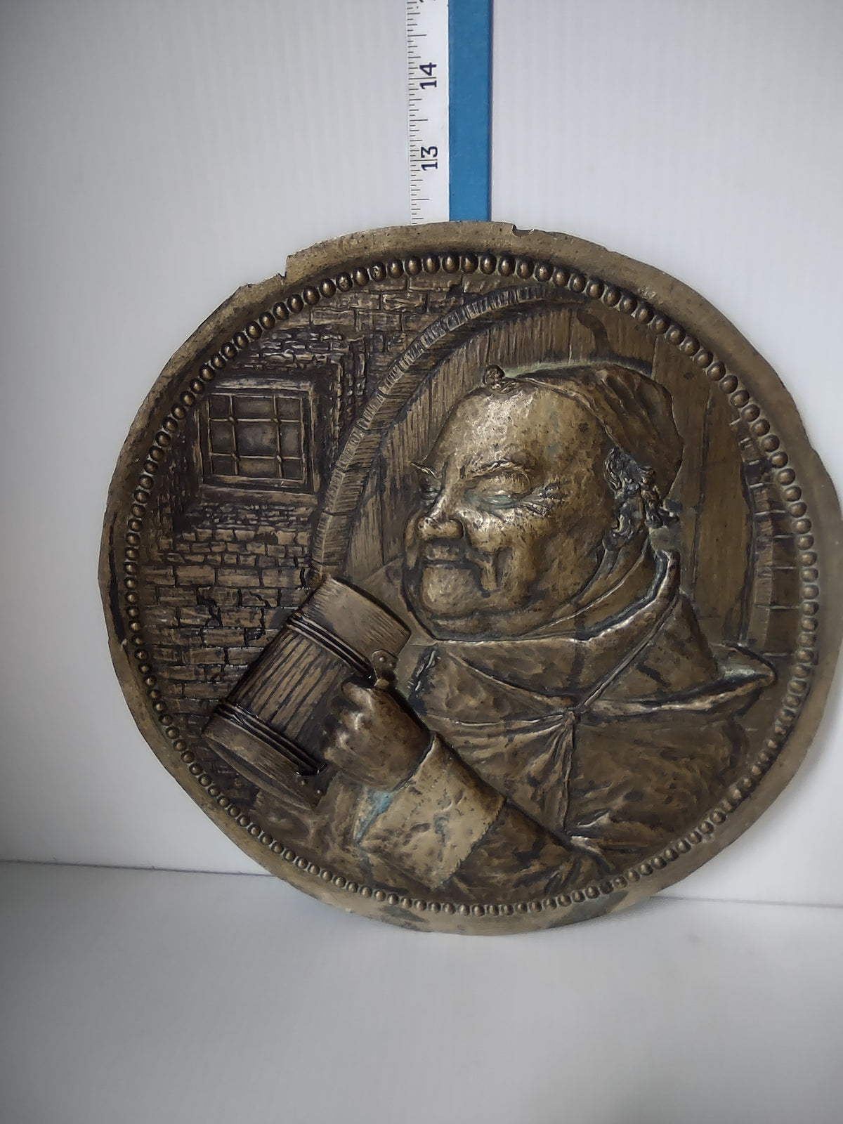 Vintage Bronze Tone Monk Friar Tankard Round Relief Wall Plaque [7435]
