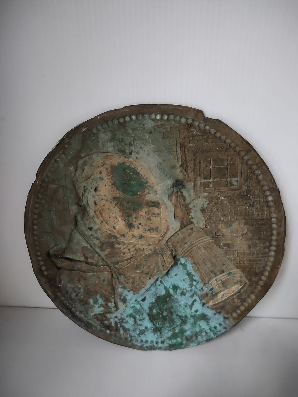 Vintage Bronze Tone Monk Friar Tankard Round Relief Wall Plaque [7435]