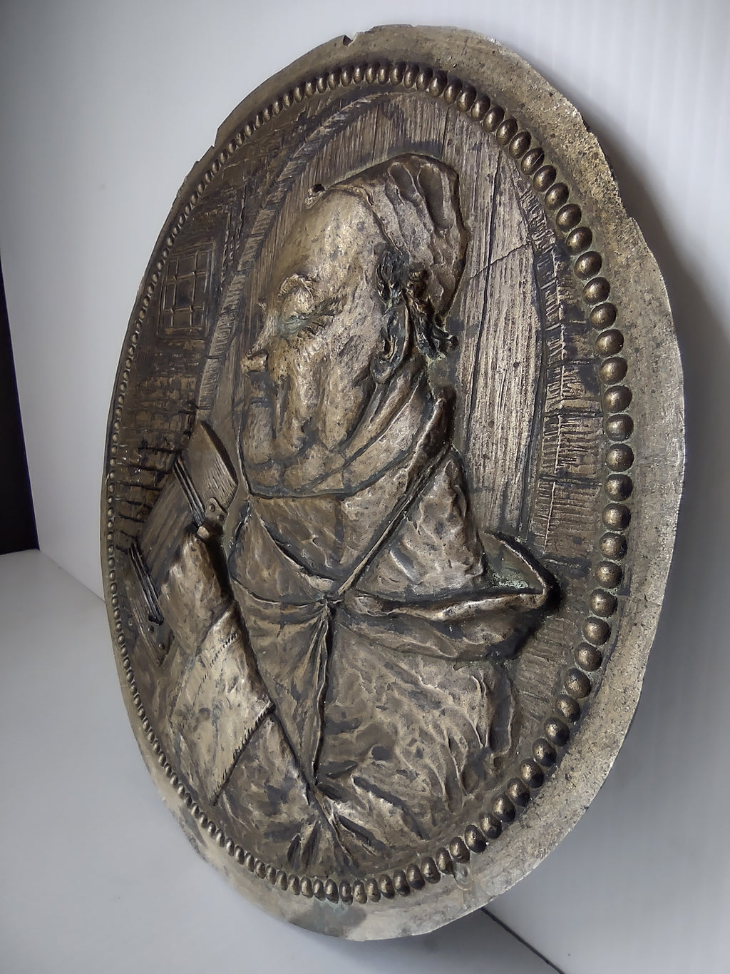 Vintage Bronze Tone Monk Friar Tankard Round Relief Wall Plaque [7435]