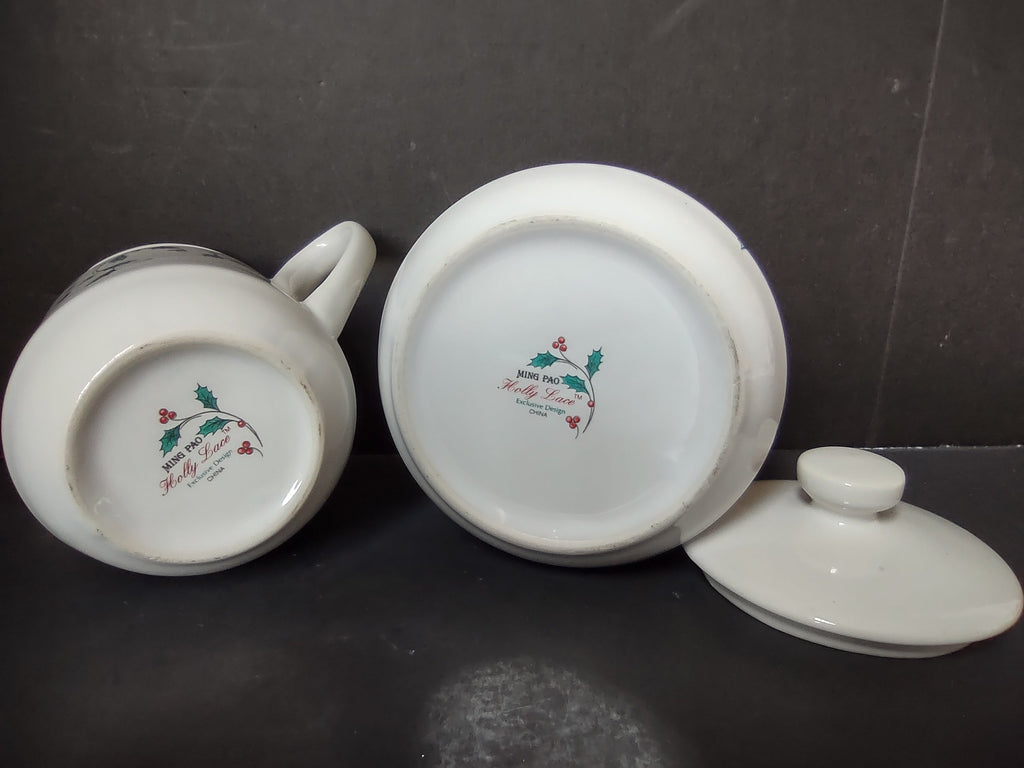 Ming Pao Holly Lace creamer and lidded sugar bowl set, front view with ruler