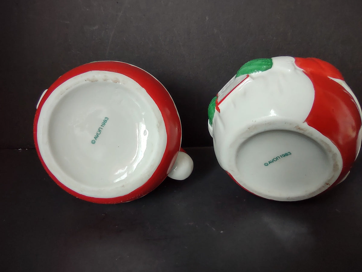 Avon 1983 Santa Mrs Claus creamer and sugar bowl set, back view with ruler showing approximately 3.5 inch height