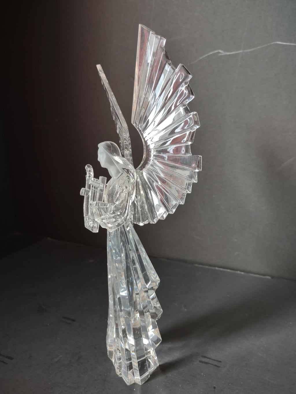 Vintage Clear Crystal Acrylic Angel Figurine Harp Wings 10 in [7439]