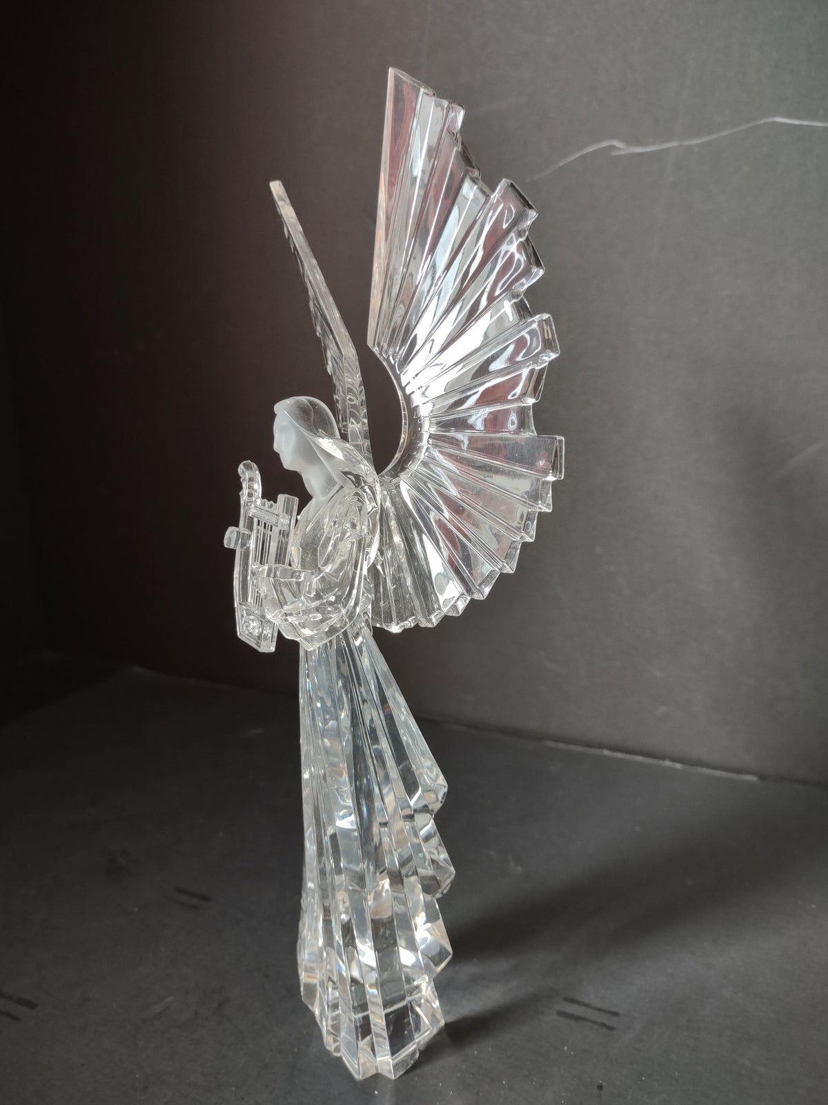 Vintage Clear Crystal Acrylic Angel Figurine Harp Wings 10 in [7439]