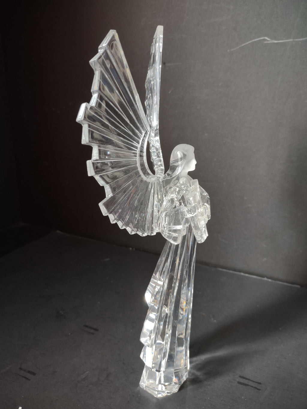 Vintage Clear Crystal Acrylic Angel Figurine Harp Wings 10 in [7439]