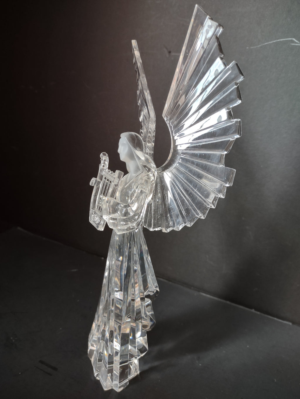 Vintage Clear Crystal Acrylic Angel Figurine Harp Wings 10 in [7439]