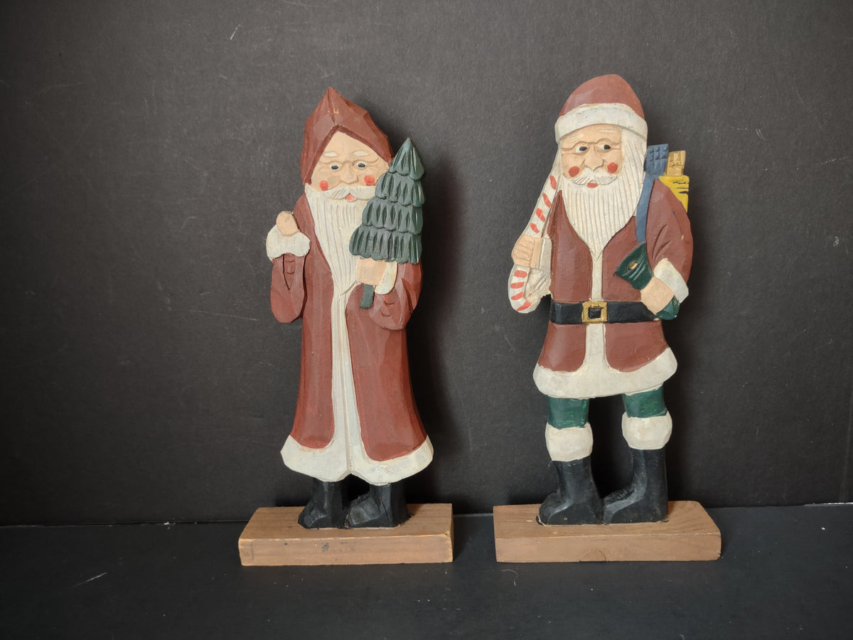Vintage Folk Art Wood Santa Figurines Set of 2 Red Robe & Coat 8 in [7441]