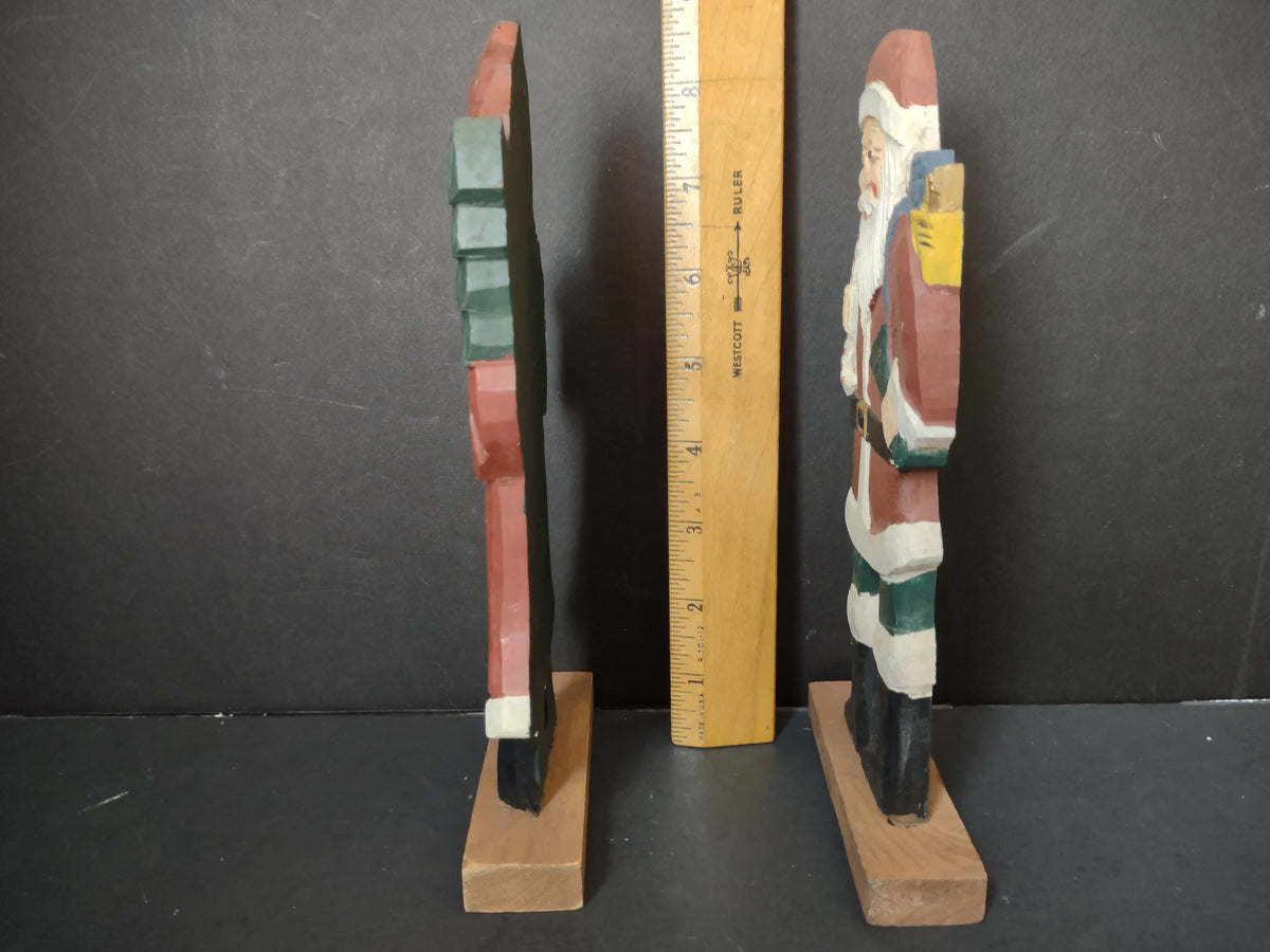 Vintage Folk Art Wood Santa Figurines Set of 2 Red Robe & Coat 8 in [7441]