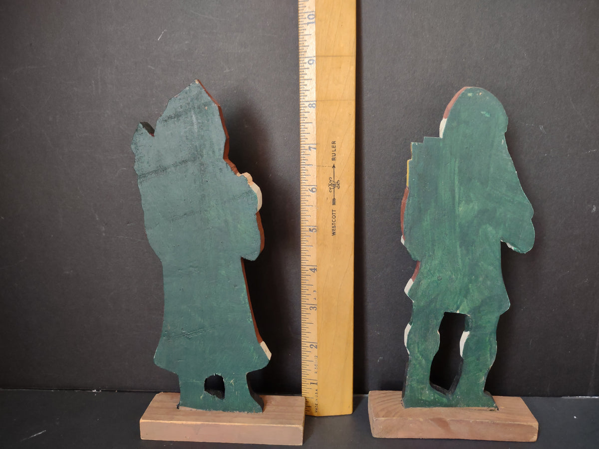 Vintage Folk Art Wood Santa Figurines Set of 2 Red Robe & Coat 8 in [7441]