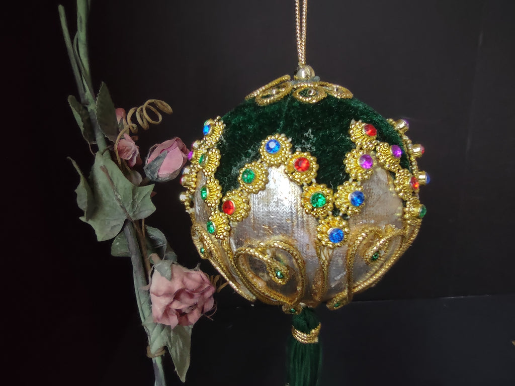 Vintage Jeweled Velvet Satin Ball Christmas Ornament Green Gold Tassel [8058n]
