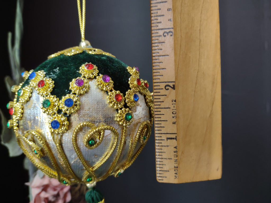 Vintage Jeweled Velvet Satin Ball Christmas Ornament Green Gold Tassel [8058n]