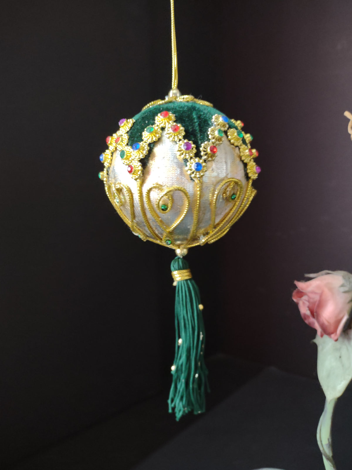 Vintage Jeweled Velvet Satin Ball Christmas Ornament Green Gold Tassel [8058n]