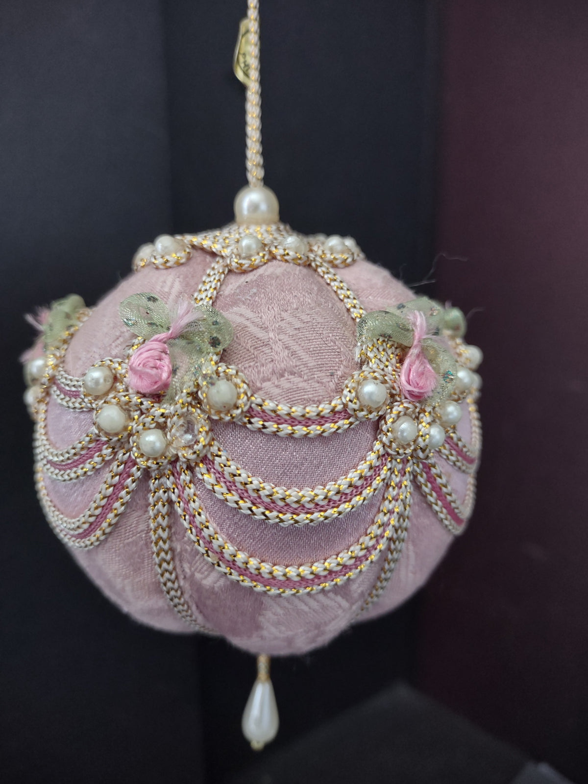 Vintage Pink Velvet Ball Ornament Pearl Swag Ribbon Roses Drop [8059n]