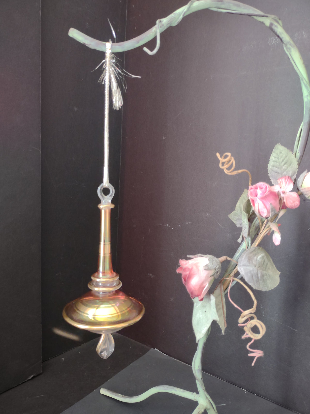 Vintage Pink & Gold Art Glass Hanging Finial Spinner Ornament 6" [8060n]