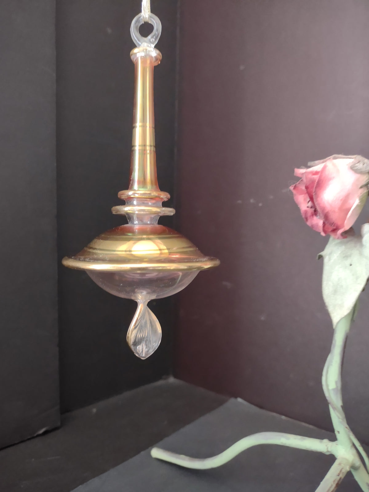 Vintage Pink & Gold Art Glass Hanging Finial Spinner Ornament 6" [8060n]